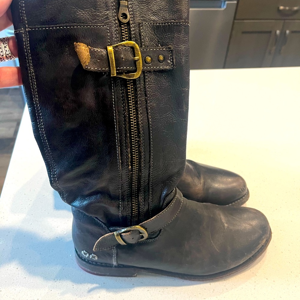 Bed Stu Black Heeled Boots with Gold Buckle